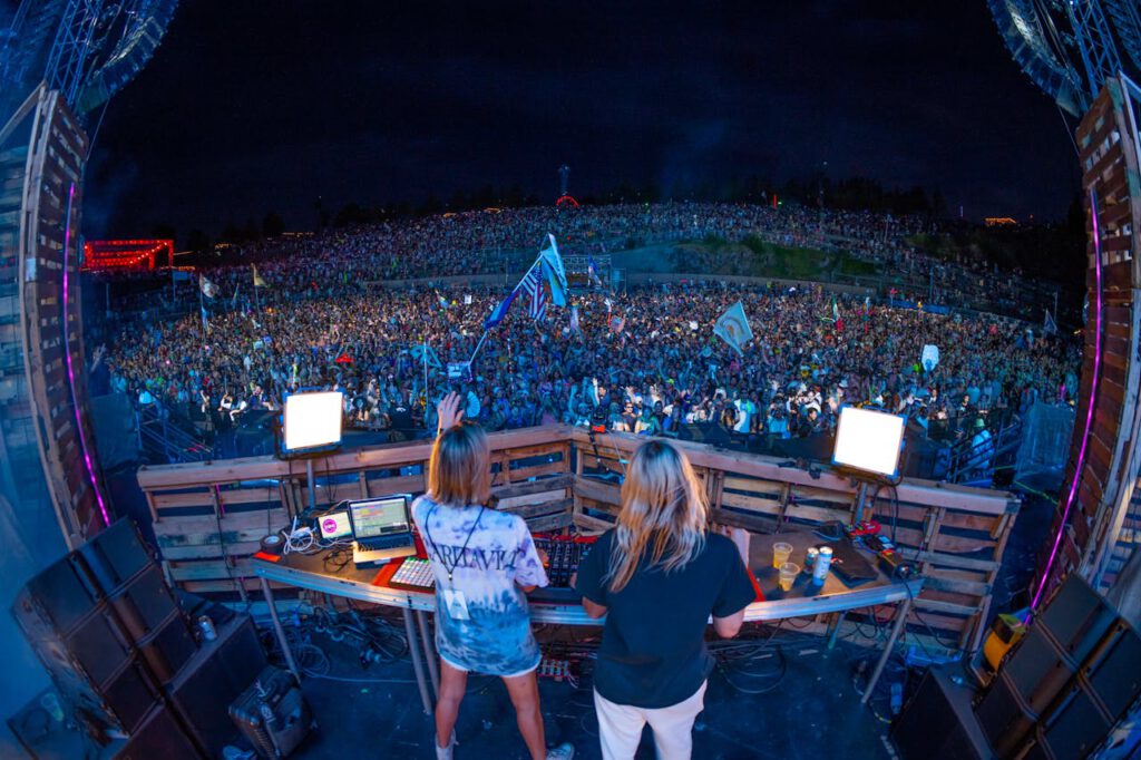 DJ performing at a packed outdoor music festival at night with a vibrant crowd.